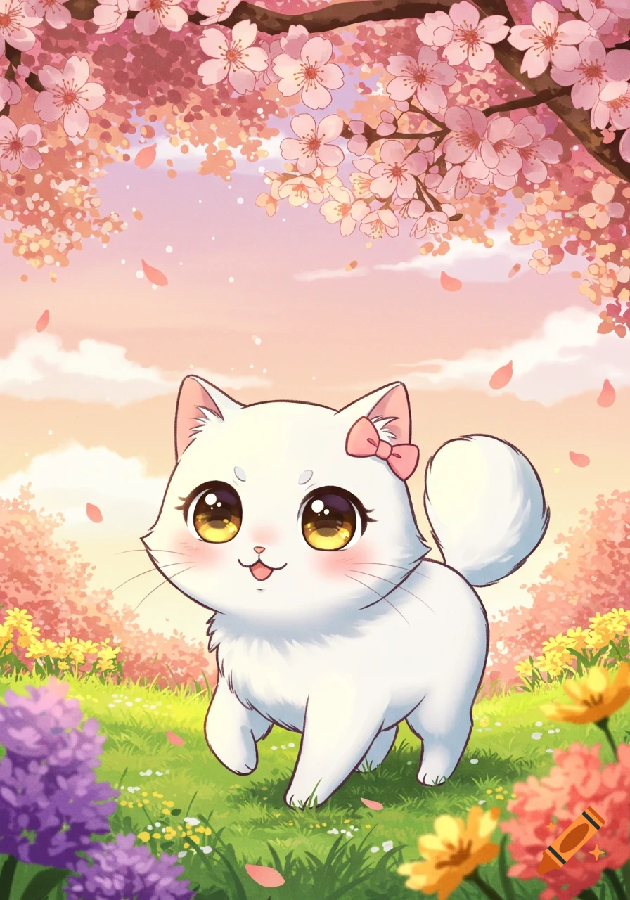 Cute white anime cat with big eyes and a pink bow in a vibrant field of flowers under pink cherry blossoms.