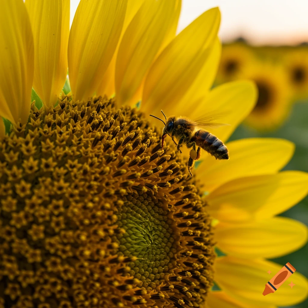 Close-up of a honey bee with pollen on its leg, hovering over the center of a large yellow sunflower in a sunny field.