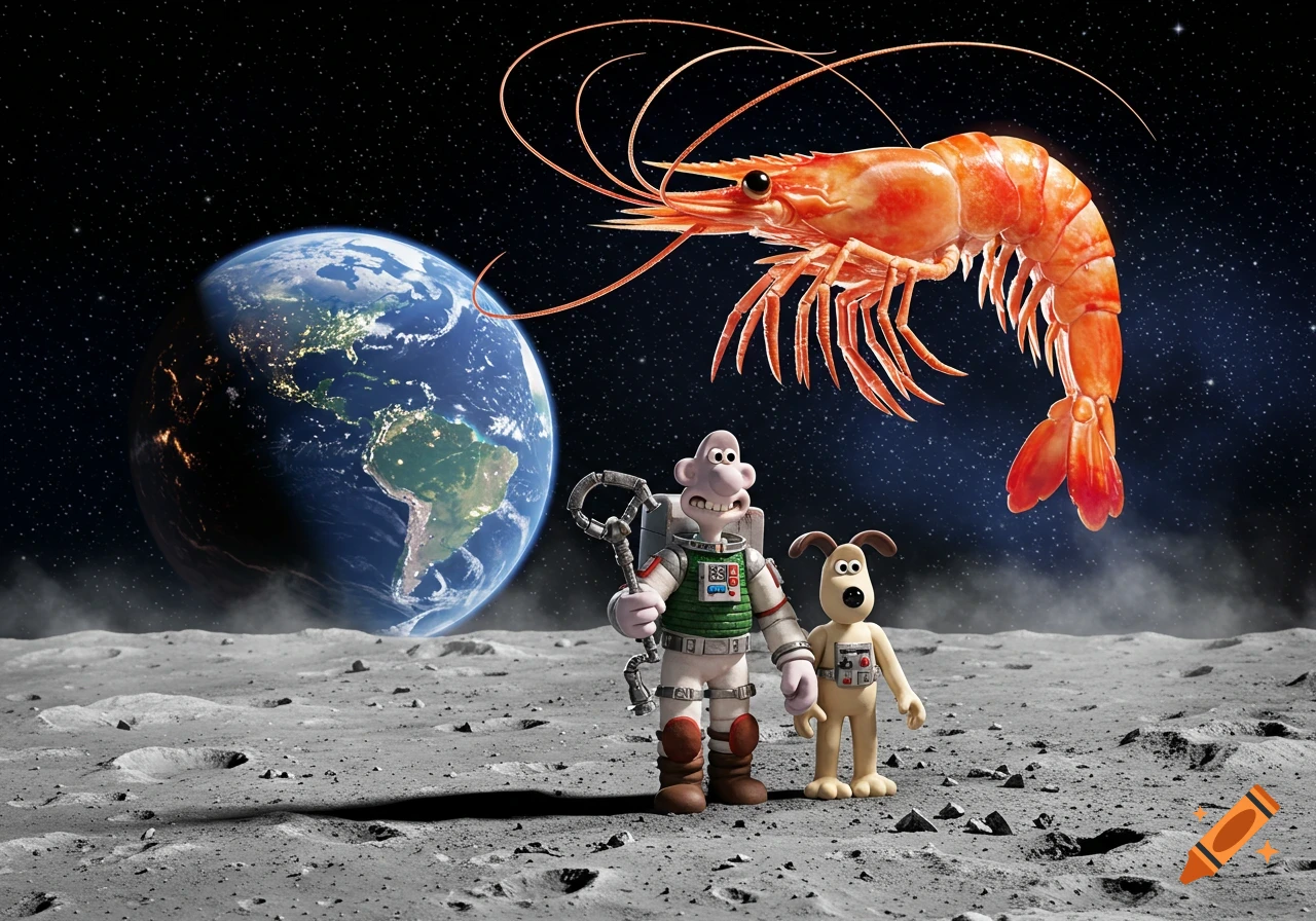 Wallace and Gromit in astronaut suits stand on the moon, looking up at a giant shrimp floating near Earth in space.