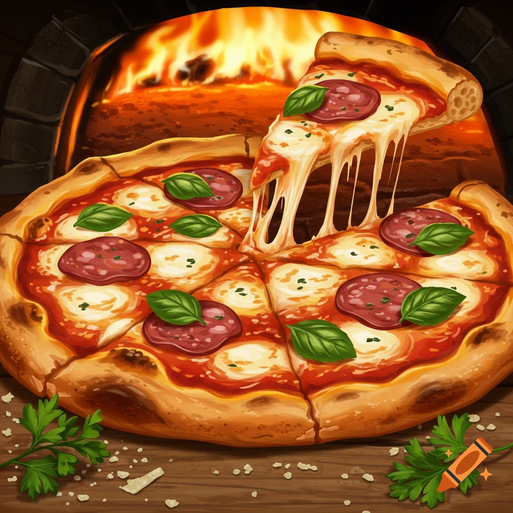 A stylized pizza with a slice being pulled, showing melted cheese, in front of a fiery pizza oven.