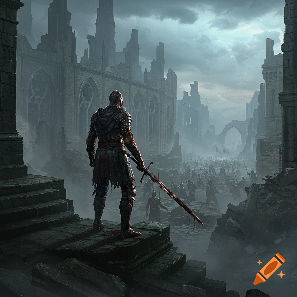 A lone knight with a bloody sword stands on castle ruins, overlooking a vast, misty battle in a dark fantasy style.