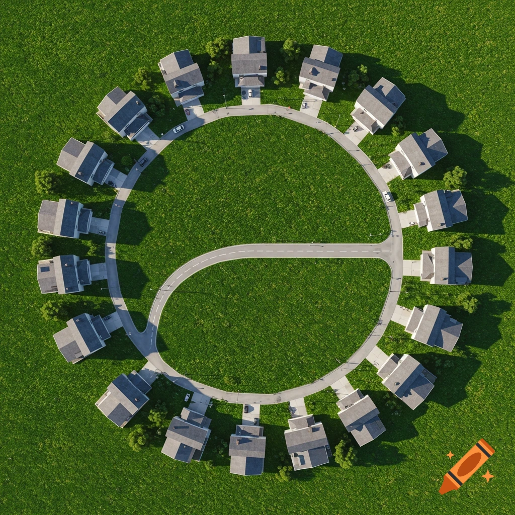 Aerial view of a circular cul-de-sac neighborhood with houses lining the road, surrounded by vast green grass.