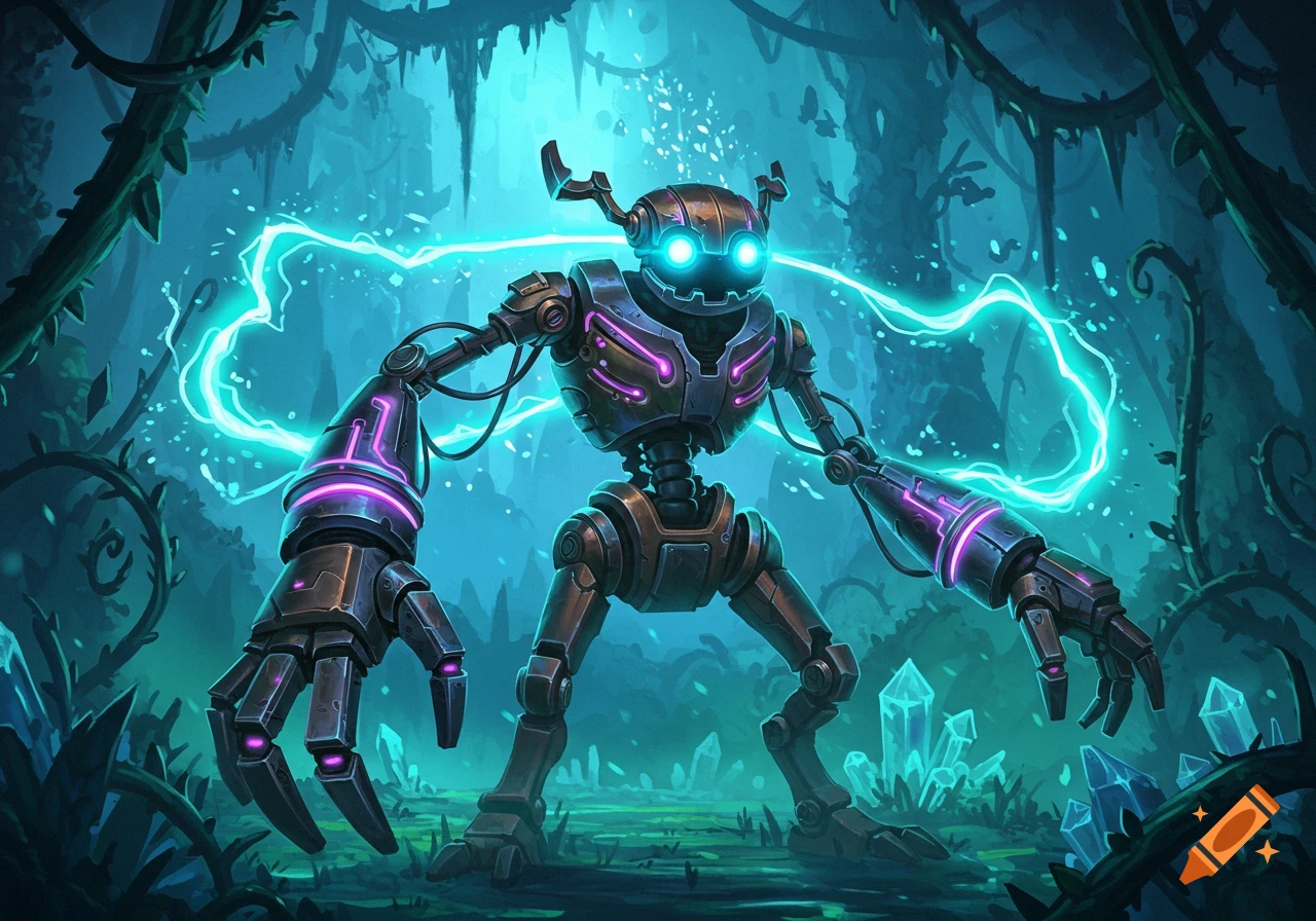 A mechanical robot with glowing blue eyes and purple lights stands in a mystical, glowing jungle with blue crystals.