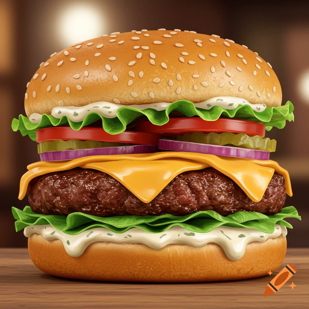A close-up, photorealistic burger with lettuce, sauce, red tomatoes, pickles, red onions, cheese, and a beef patty on a sesame bun.