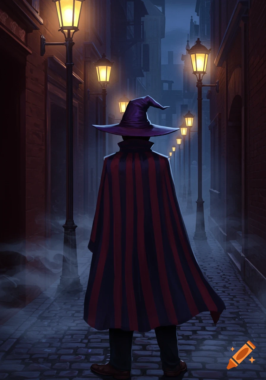 A mysterious figure in a purple wizard's hat and a red and black striped cloak walks down a foggy, dark cobblestone alley lit by gas lamps at night.