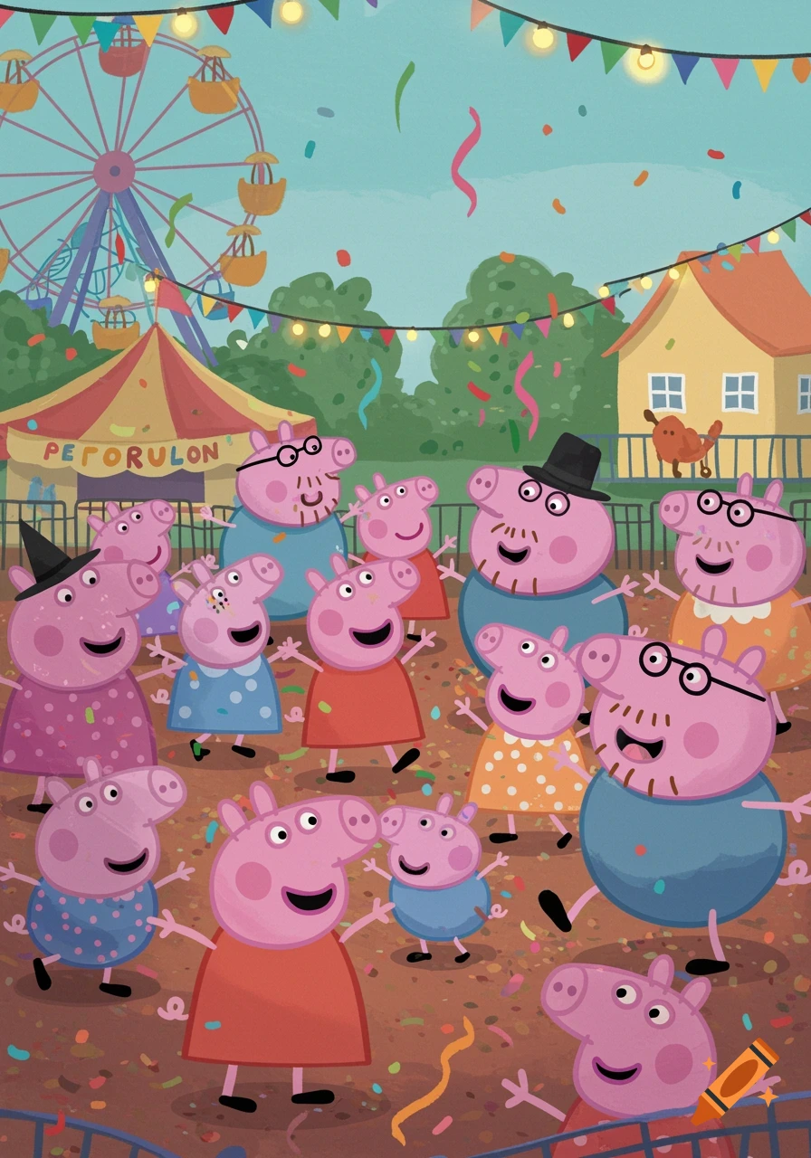 Numerous Peppa Pig-style characters celebrate joyfully amidst colorful confetti at a vibrant fairground with a Ferris wheel and tent.