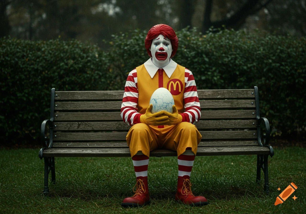 A crying Ronald McDonald sits on a park bench holding a large, cracked egg in a somber, photorealistic style.