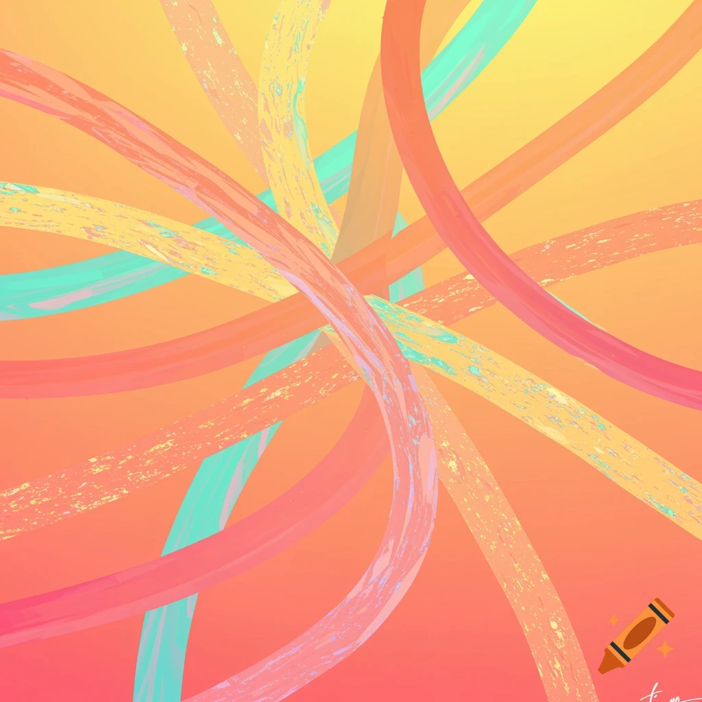 Abstract digital art with intertwining curved ribbons in shades of orange, yellow, pink, and teal on a gradient background.