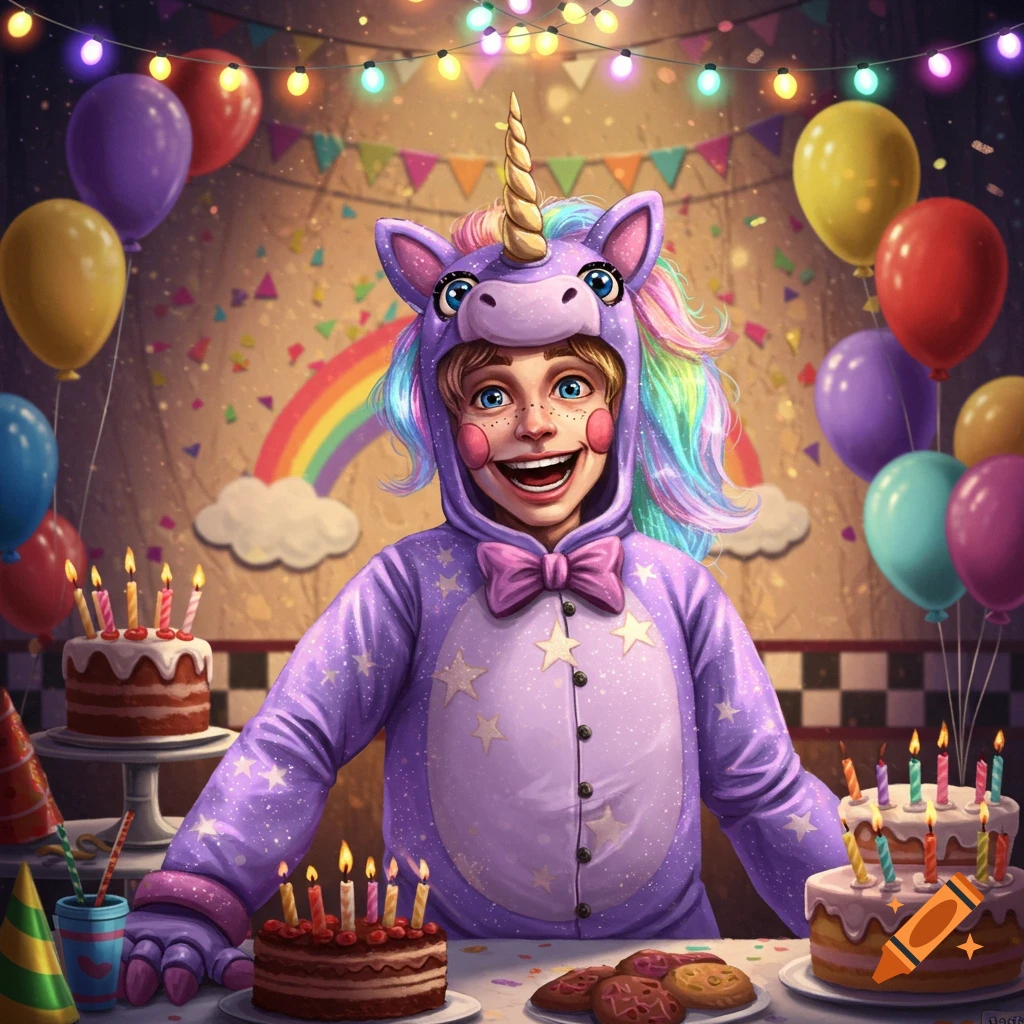 A cheerful person in a purple unicorn costume with a rainbow mane celebrates a birthday, surrounded by cakes, balloons, and string lights.