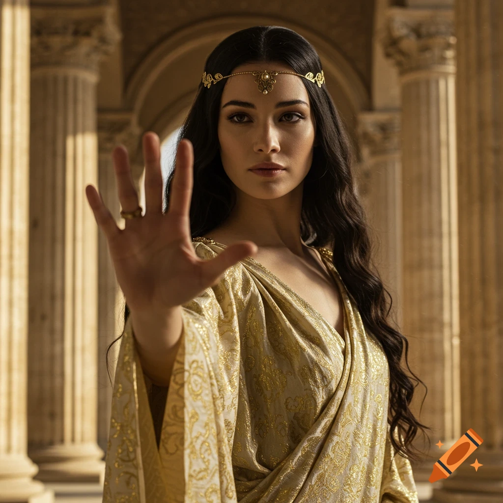 A woman dressed as a goddess in a golden robe with a golden headpiece, holding her hand up with her palm facing forward, standing amidst ancient columns.