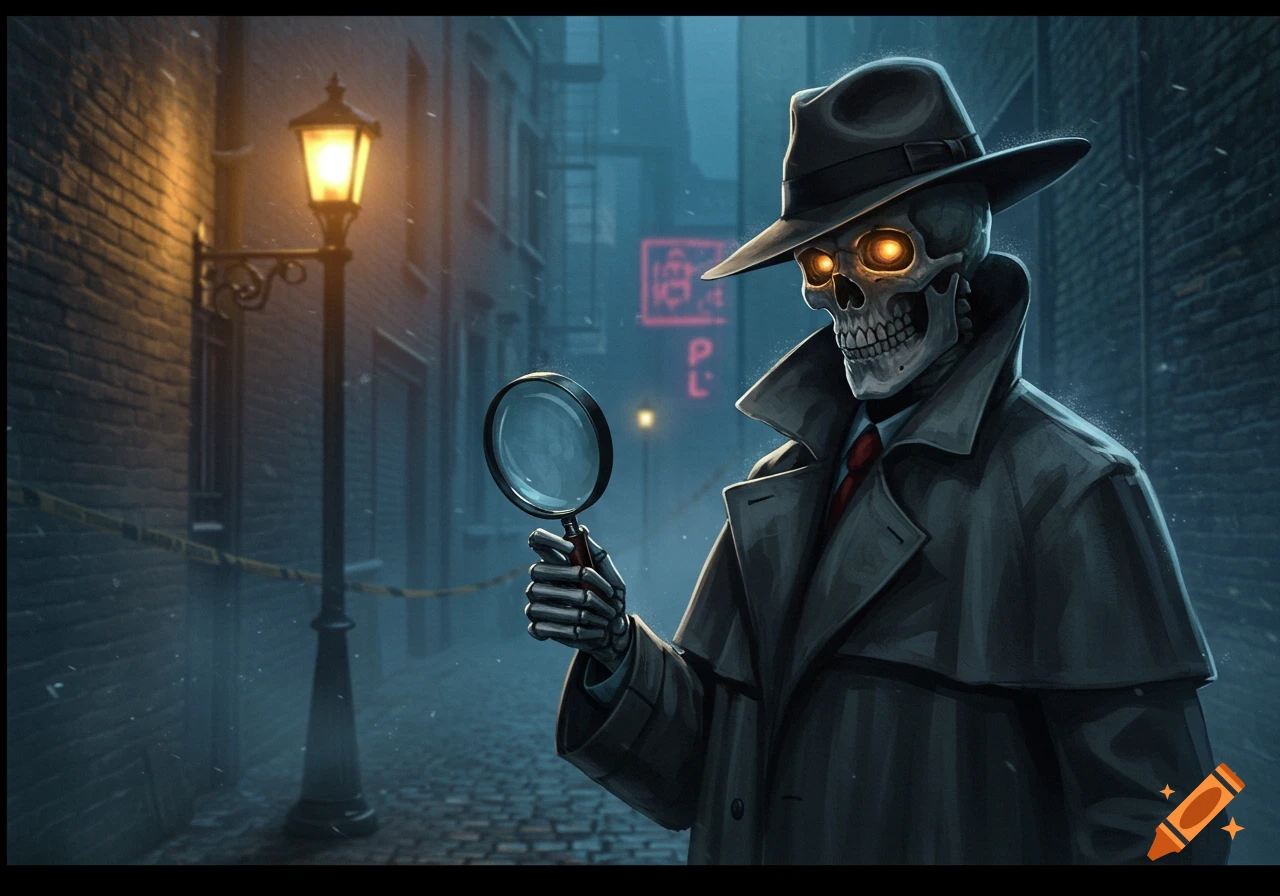 A stylized skeleton detective in a trench coat and fedora holds a magnifying glass on a dark, rainy city street at night.