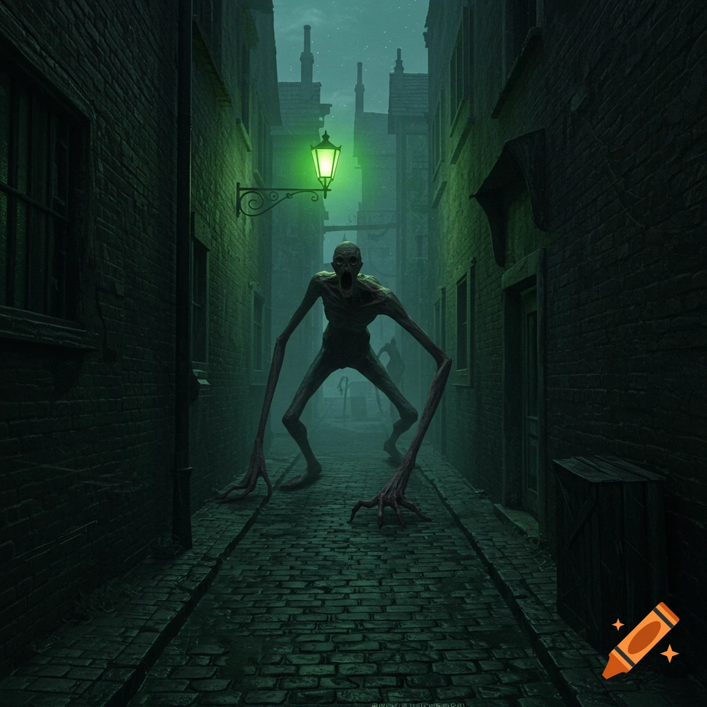 A tall, slender, pale-skinned creature with long limbs and a gaping mouth stands under a green streetlamp in a dark, narrow cobblestone alley.