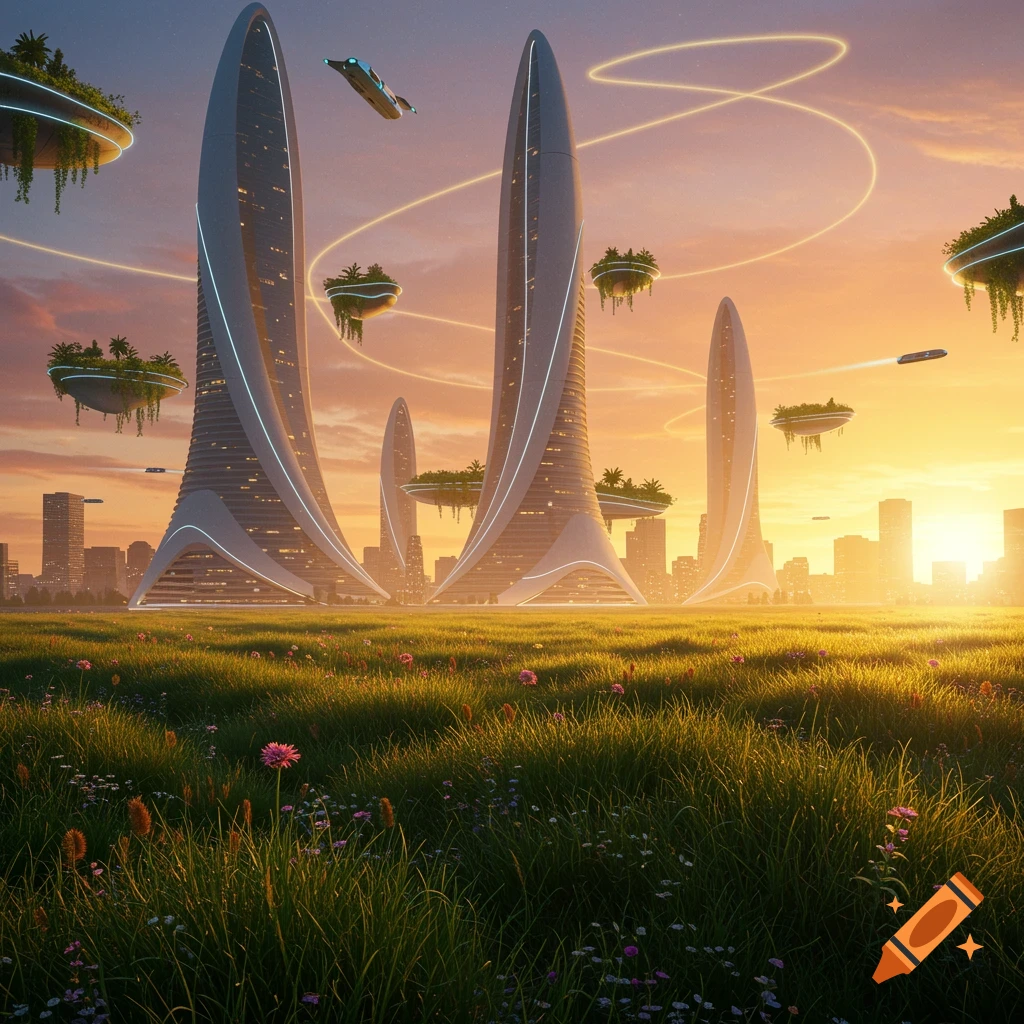 Futuristic cityscape with sleek towers and flying vehicles, set against a sunset sky over a vibrant green field with wildflowers.