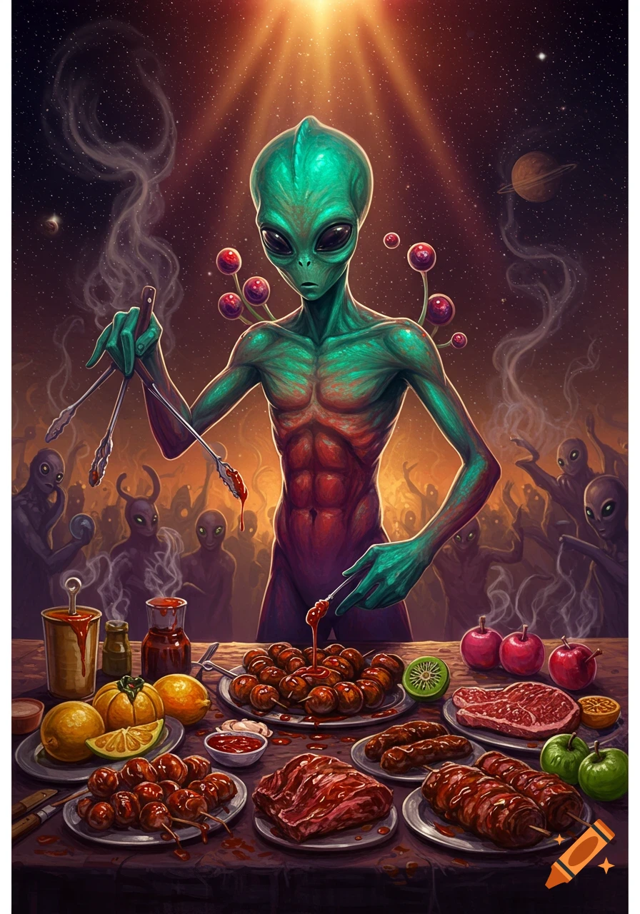 A tall green alien prepares a barbecue feast with various meats and fruits on a table, under a cosmic sky with other aliens.