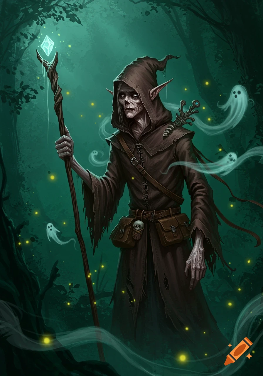 A gaunt, hooded elf wizard holds a staff with a glowing crystal in a dark, mystical forest with fireflies and ghosts. Digital painting.