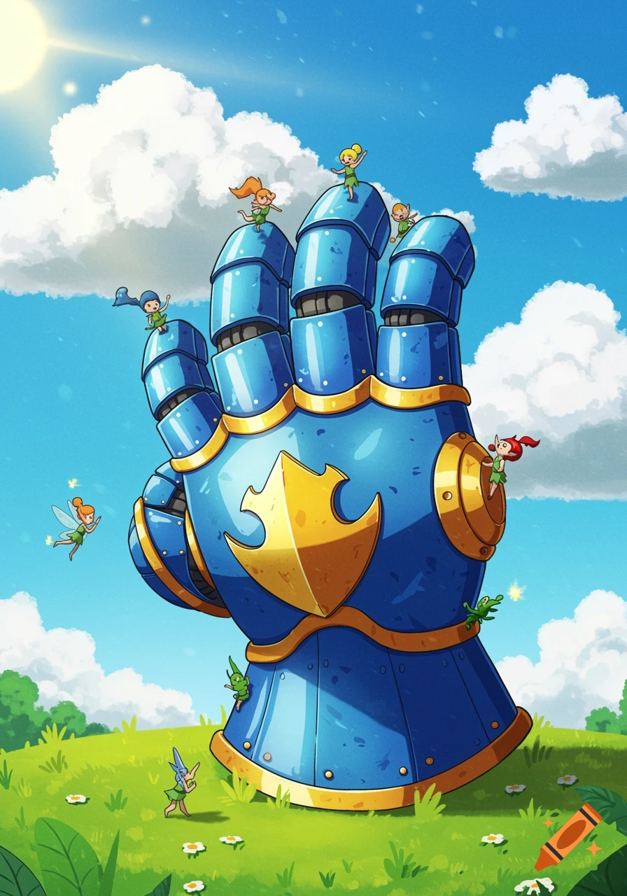 A large blue knight's gauntlet stands in a green field under a sunny sky, with small cartoon fairy-like creatures climbing and flying around it.
