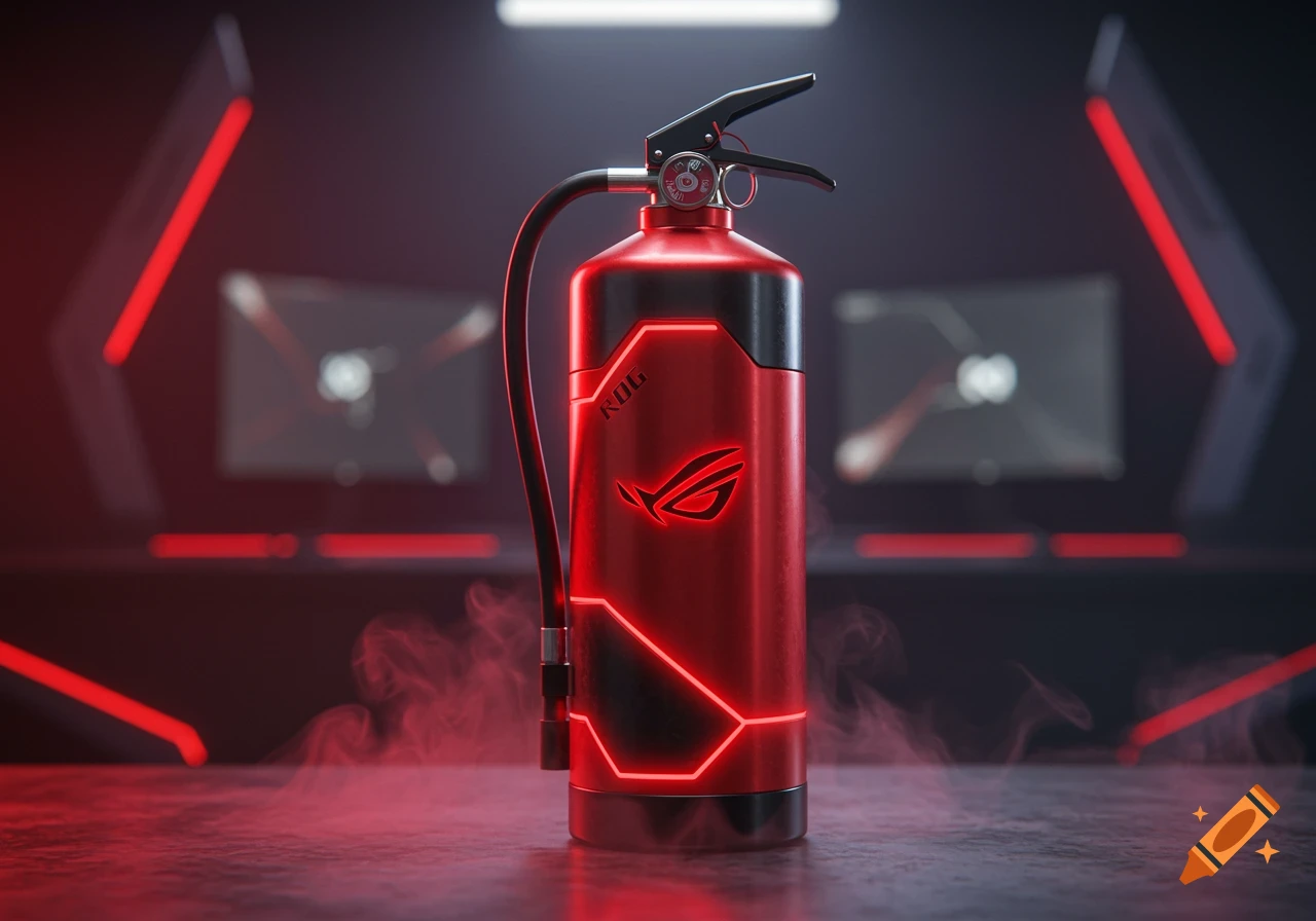 A red Asus ROG themed fire extinguisher with glowing red accents stands on a dark, smoky surface in a gaming-like environment, with blurred monitors in the background.