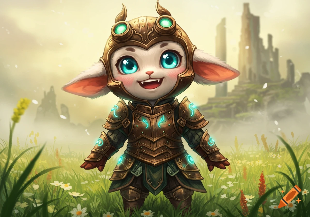 A cute white furry fantasy creature with large blue eyes wears ornate golden and teal armor, smiling in a vibrant green field with distant ruins.