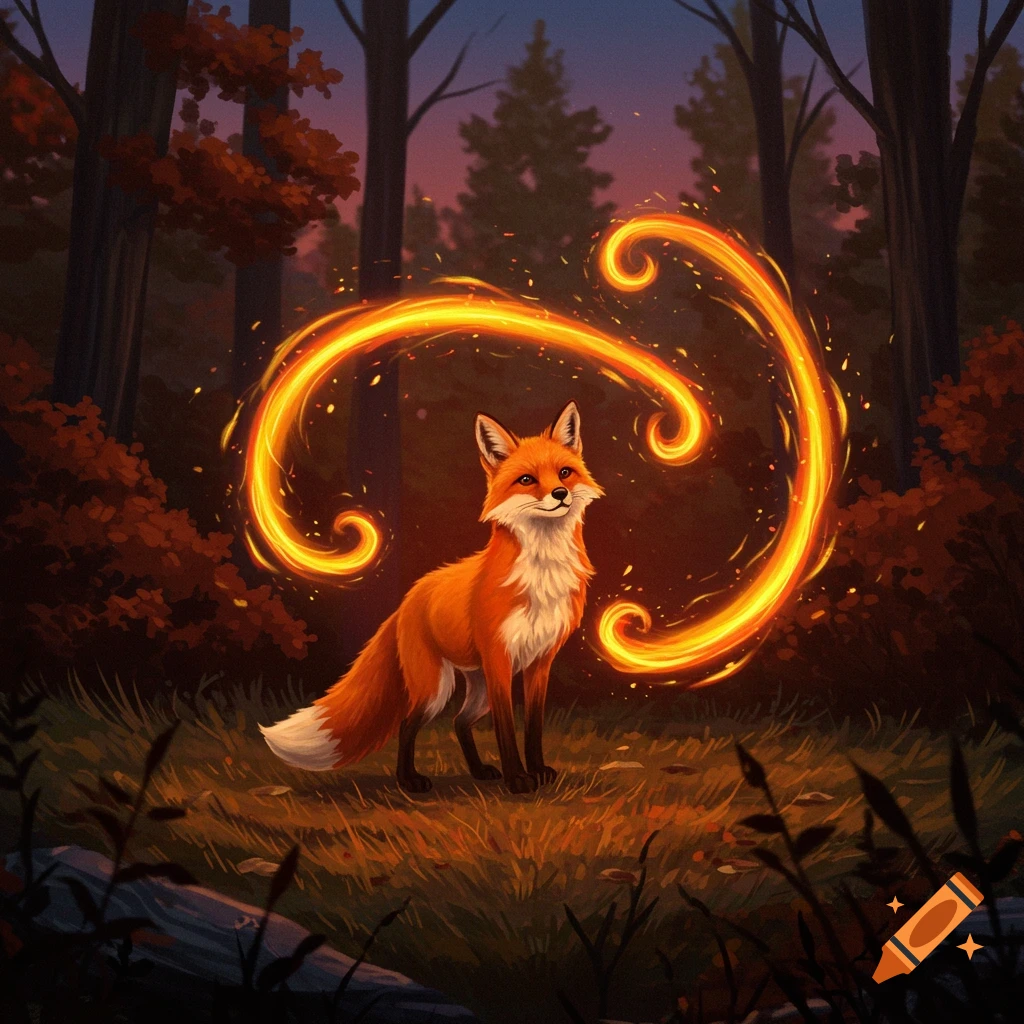 A cute orange fox stands in a dark forest, surrounded by swirling glowing orange magical fire.