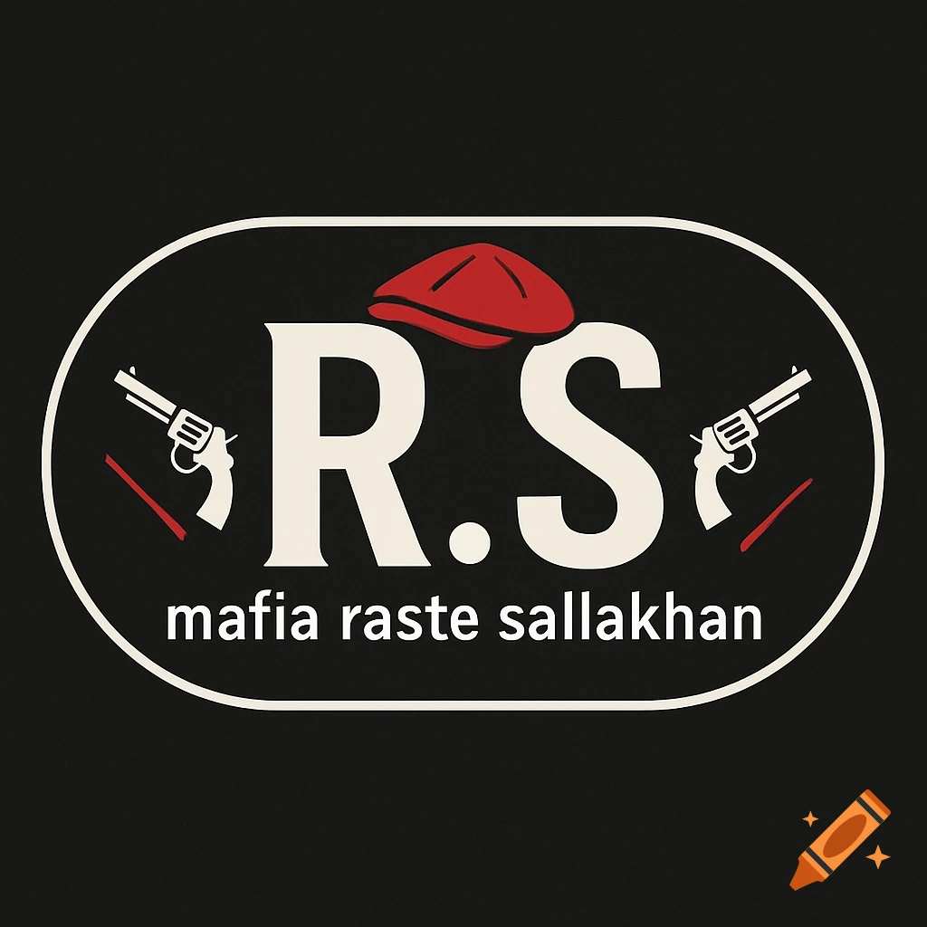 Black oval logo with white letters R.S, a red flat cap, two white revolvers, and 'mafia raste sallakhan' text.