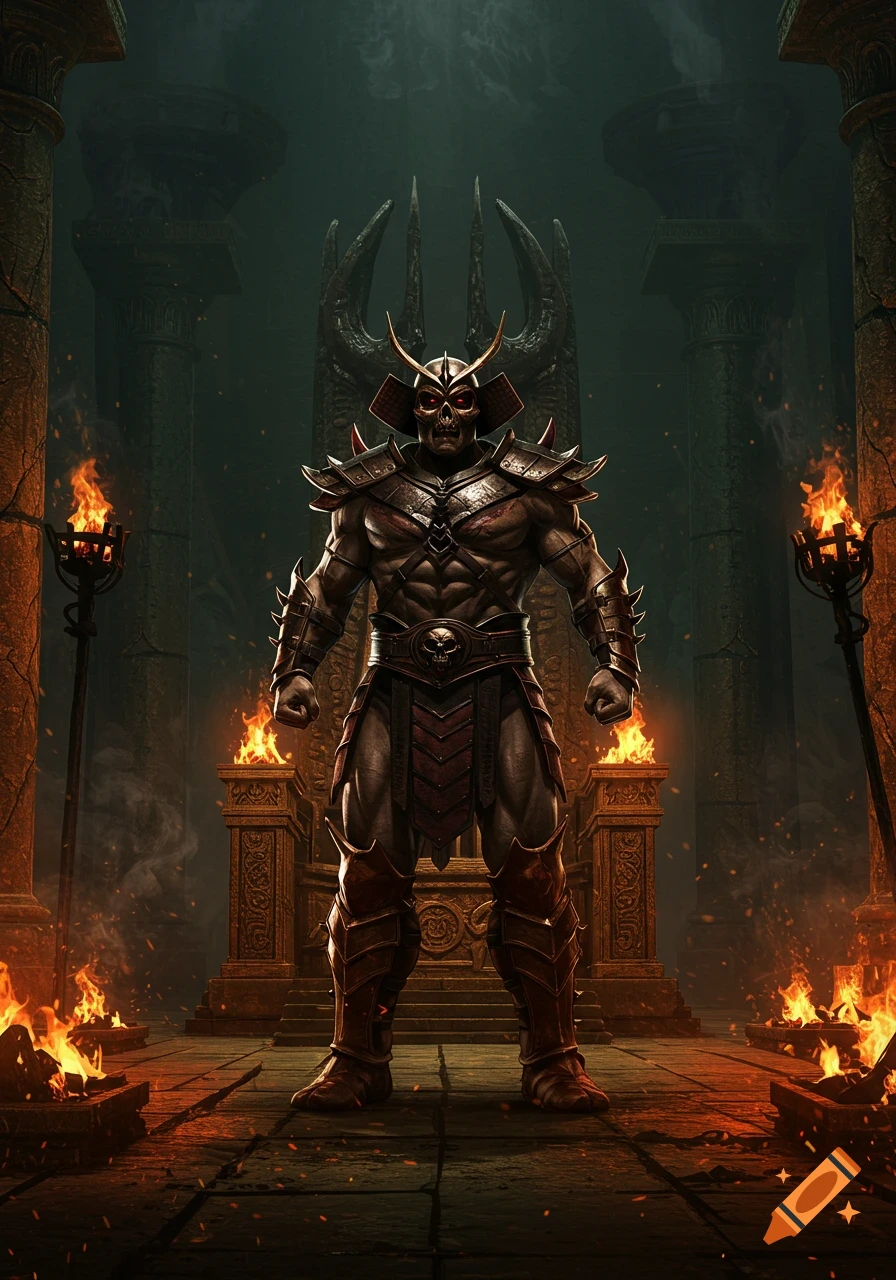 A menacing, skull-faced warrior in spiked armor stands in a dark, fire-lit ancient temple.