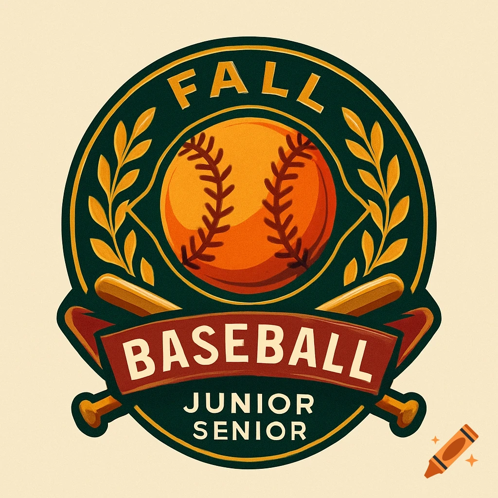 A vintage-style logo for Fall Baseball Junior Senior, featuring a baseball, crossed bats, and laurel leaves.