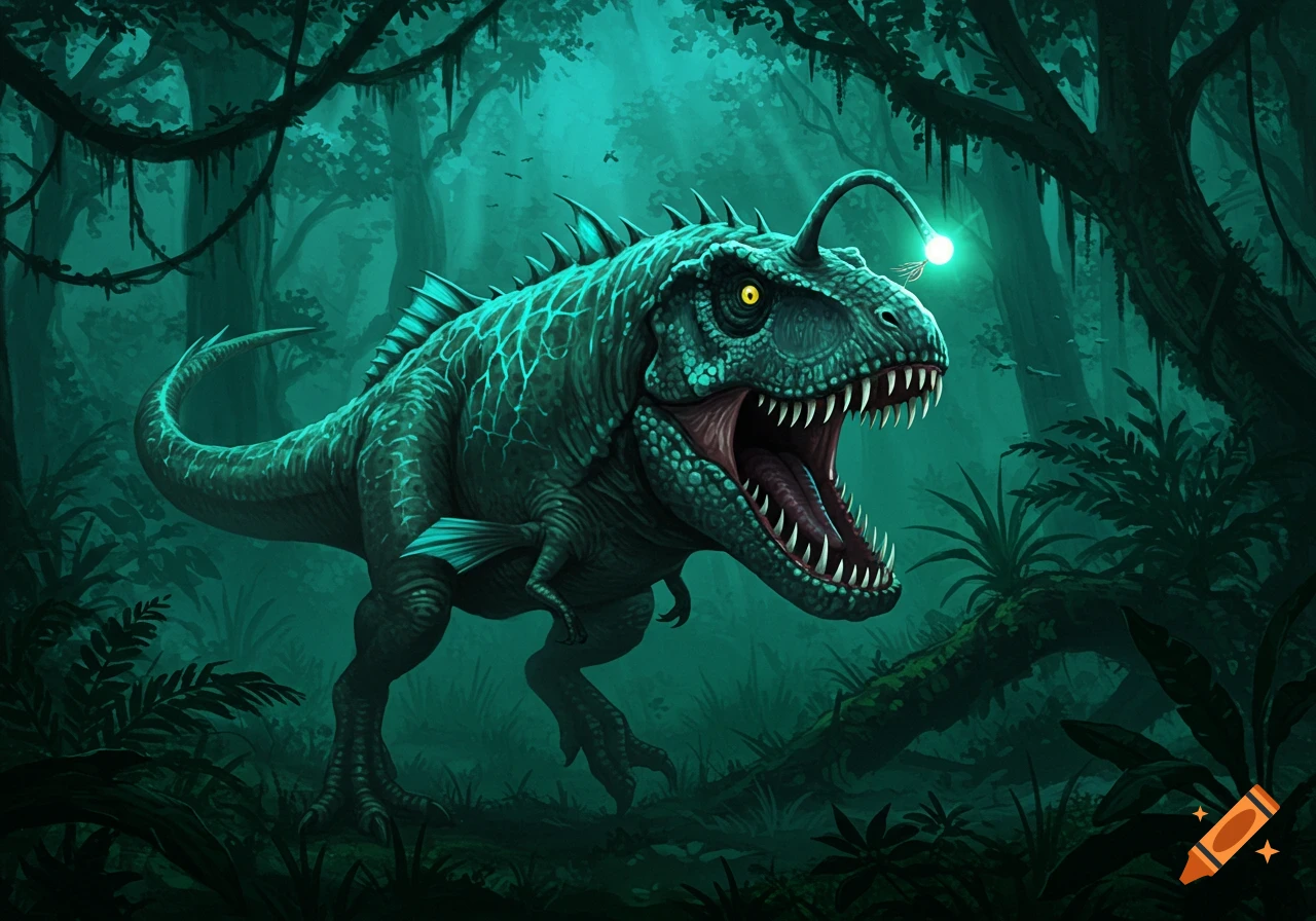 A fierce anglerfish-T-Rex hybrid with glowing patterns and an angler lure on its head stands in a dark, lush jungle.