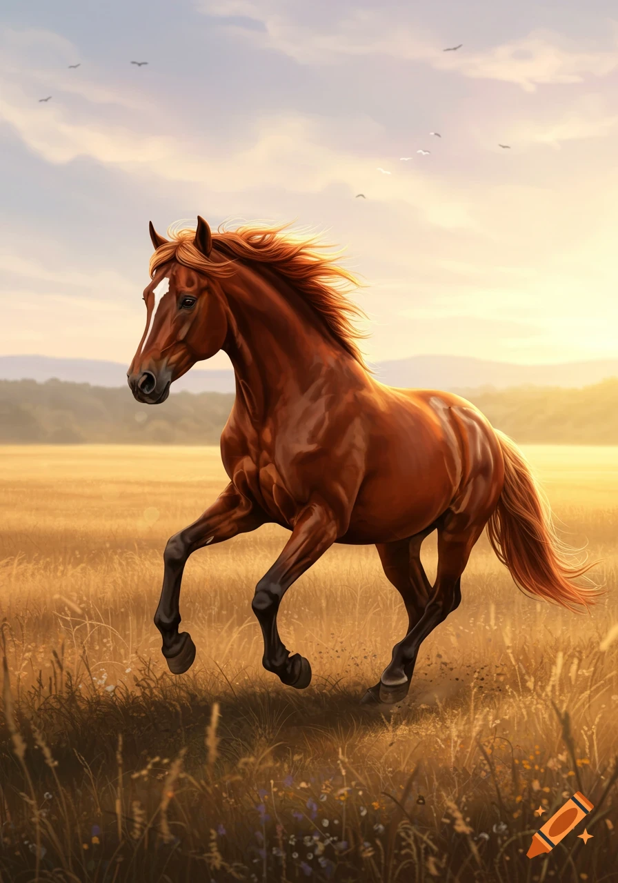 A brown horse gallops through a golden field at sunset, with birds in the sky.