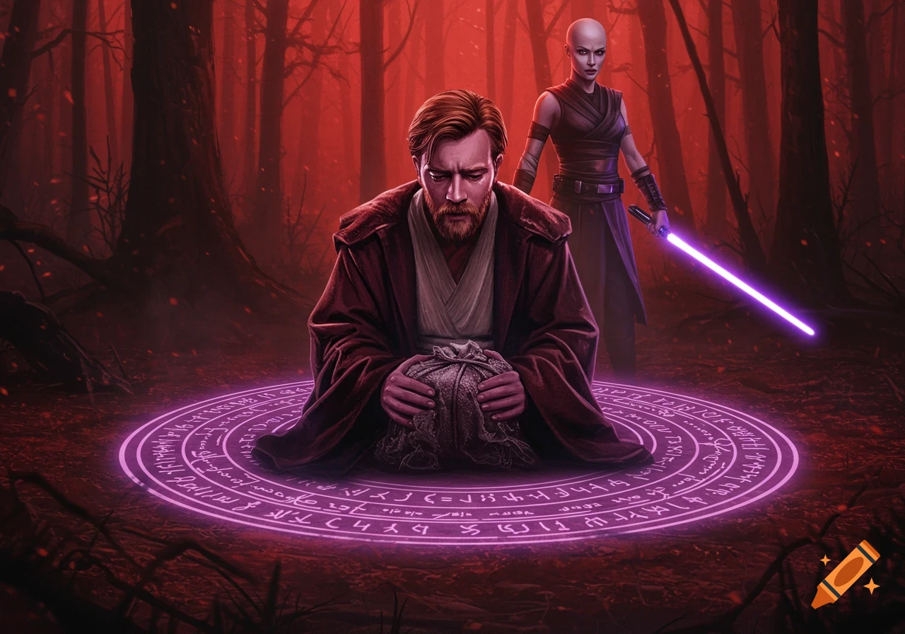 Obi-Wan Kenobi kneels sadly in a glowing purple mystic circle in a red forest, holding a bundle. A bald woman with a purple lightsaber stands behind him.