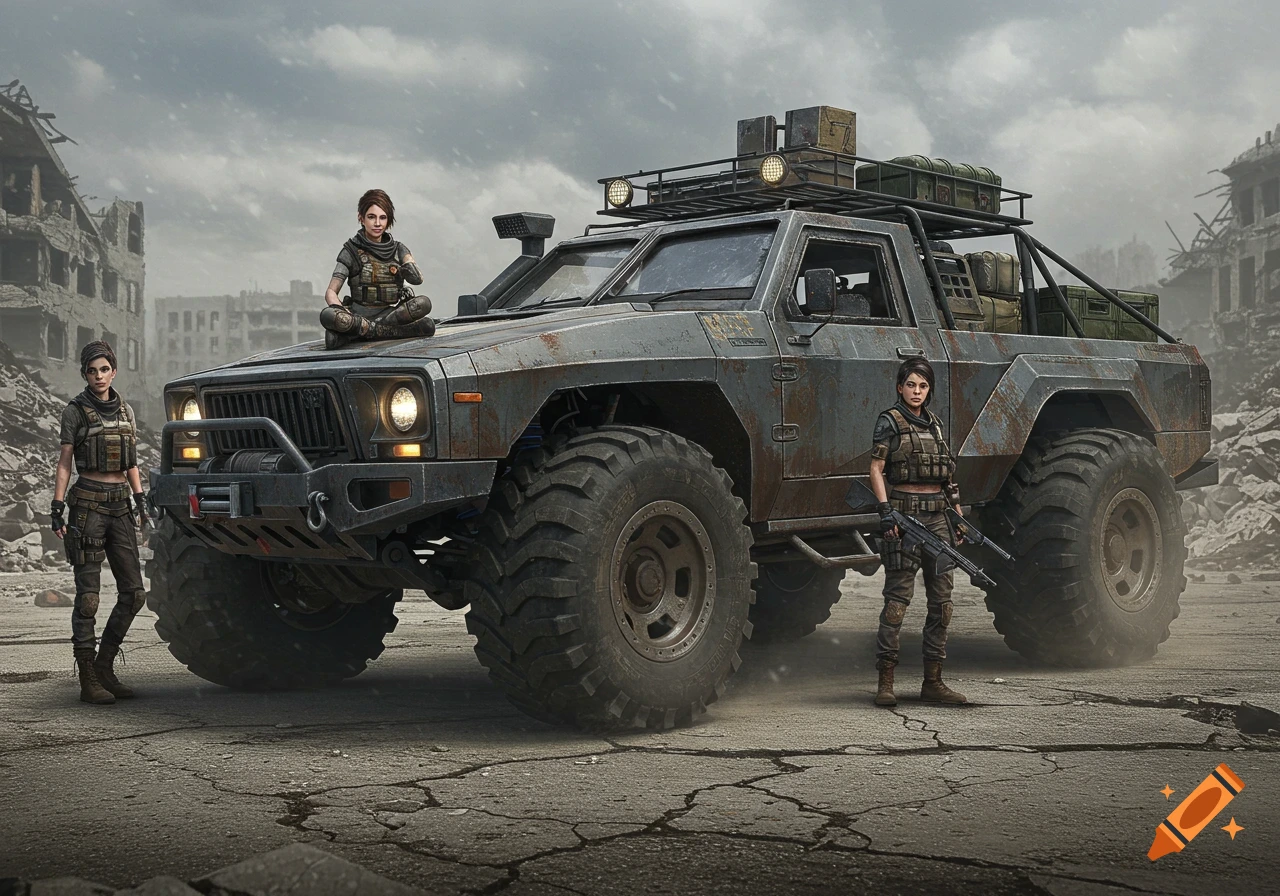 Three female survivors and a large, rusty tactical vehicle stand in a ruined, post-apocalyptic city under an overcast sky, photorealistic style.