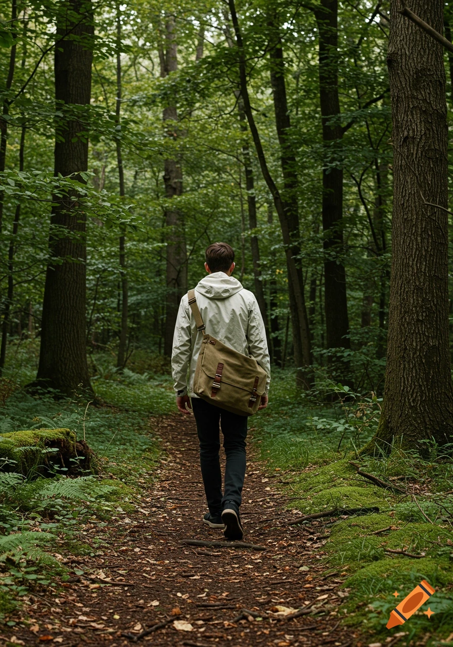 A person wearing a light jacket and messenger bag walks away from the viewer on a leafy dirt path through a dense, green forest.