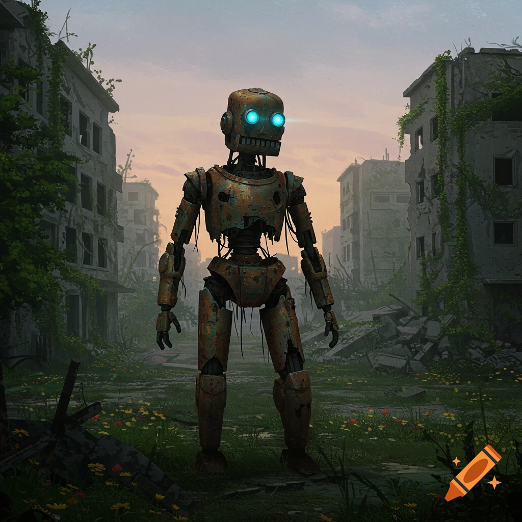 A rusty, deteriorating robot with glowing blue eyes stands in a ruined city overgrown with vegetation at sunset. Photorealistic style.