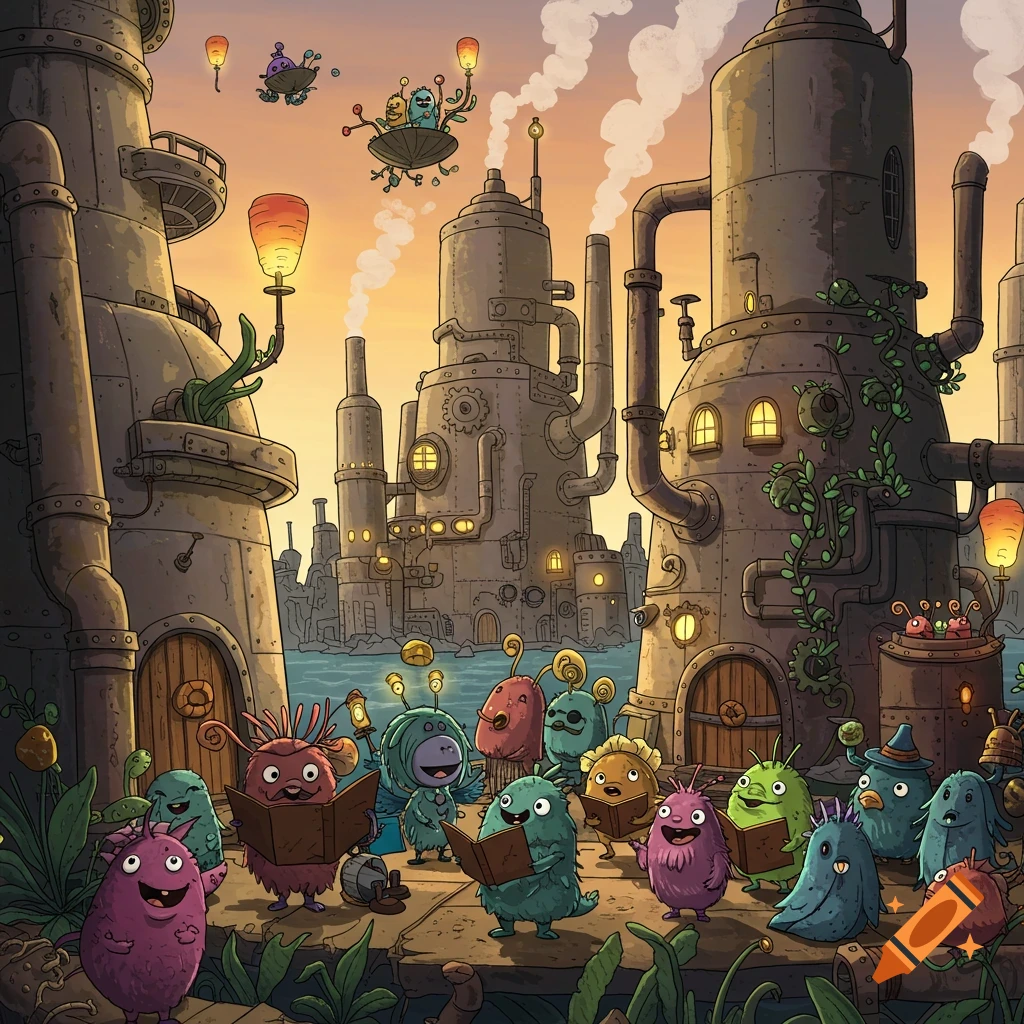 Colorful cartoon monsters sing from books in a whimsical steampunk iron island city at sunset.