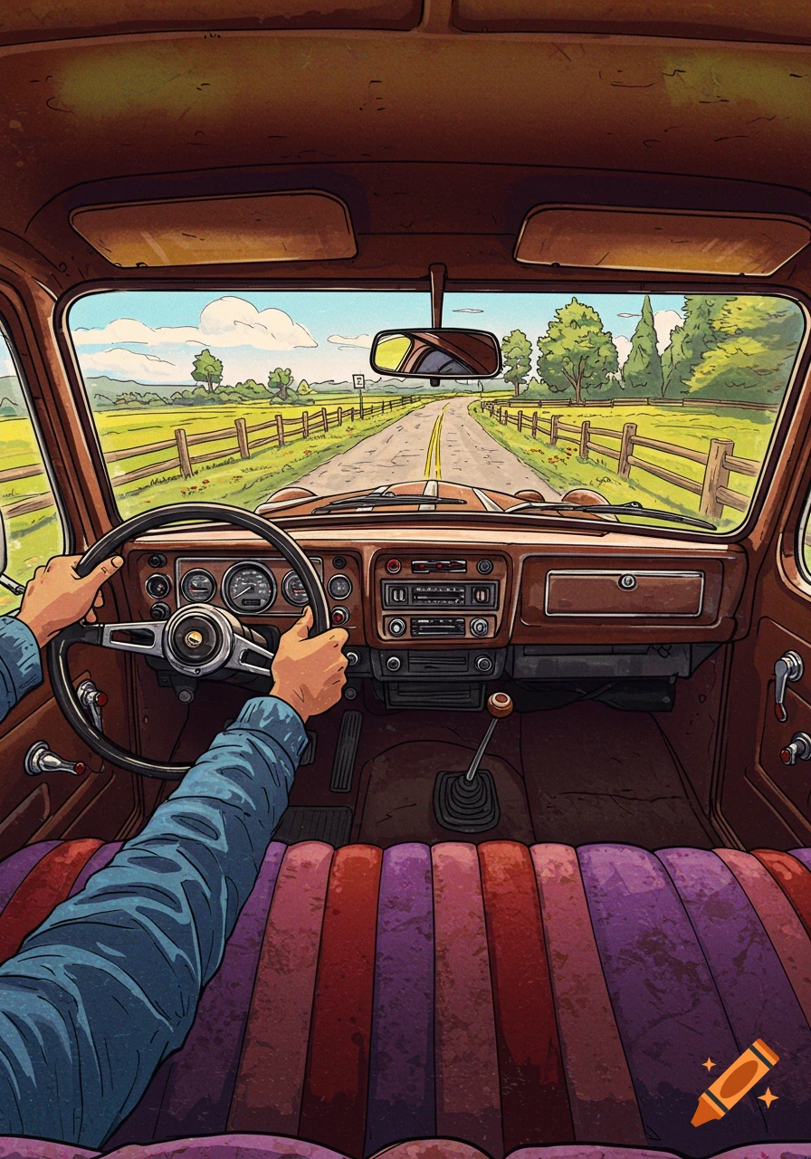 First-person view from a truck driver's seat, hands on the wheel, driving down a road through fields with a wooden fence. Cartoon style.