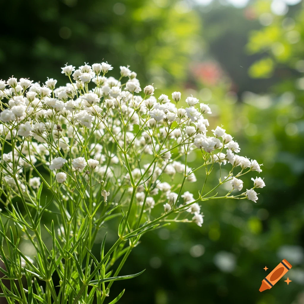 A close-up shot of a white bouquet of baby's breath flowers with a blurred green background.
