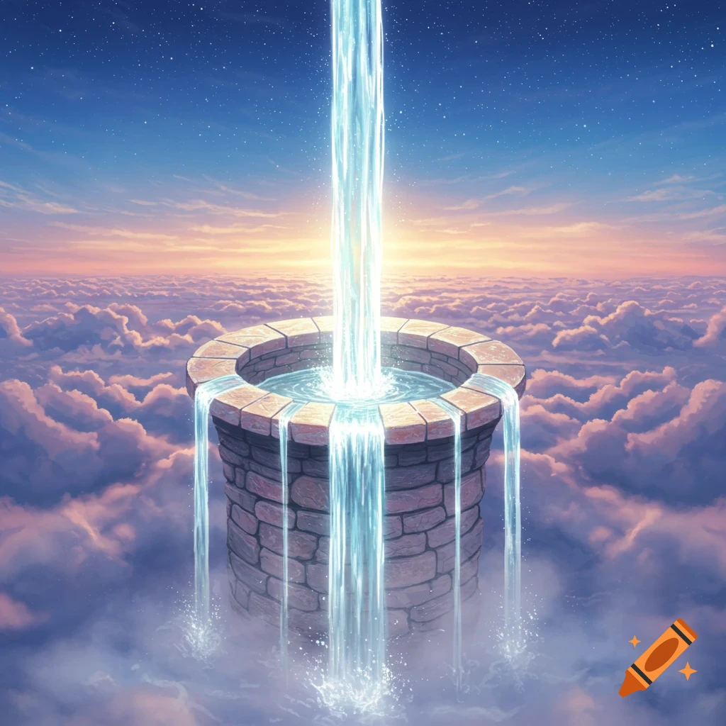 A stone well filled with glowing water stands high in the sky among clouds, with a powerful stream of water flowing into it from above and cascading over its sides, under a starry sky with a sunset glow.