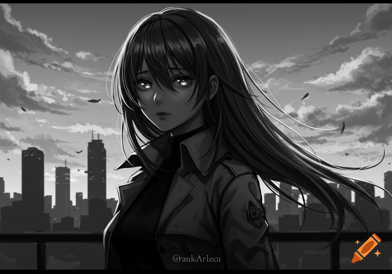 Black and white anime illustration of a girl with long dark hair in a coat, with a city skyline behind her.