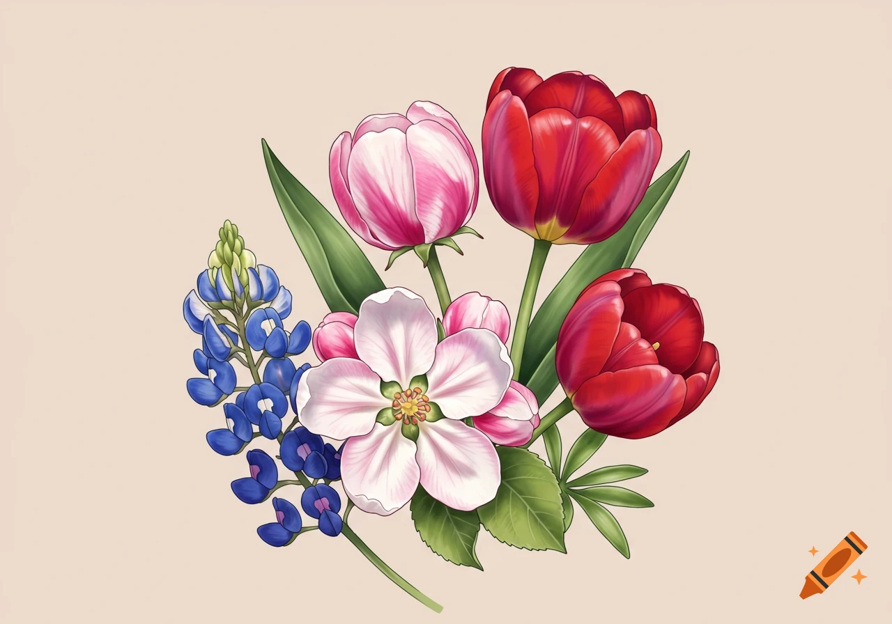 An illustrative bouquet of white apple blossoms, red tulips, and blue bluebonnets with green leaves, in a tattoo art style.