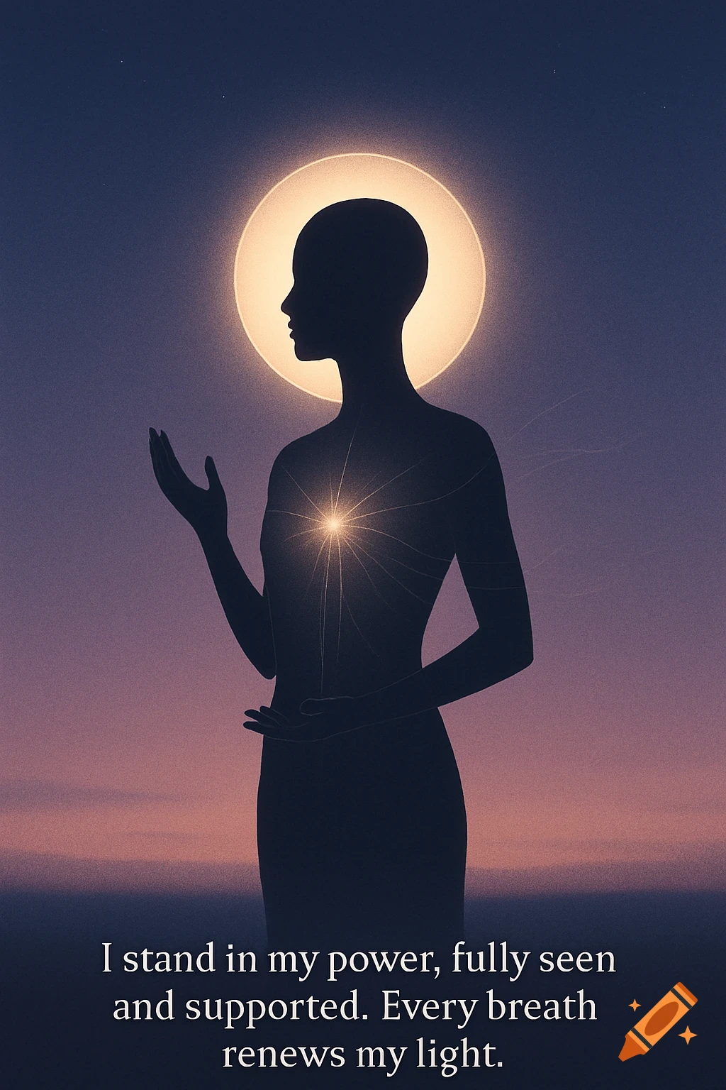 A spiritual silhouette of a person with glowing light, set against a twilight sky, with an empowering quote.