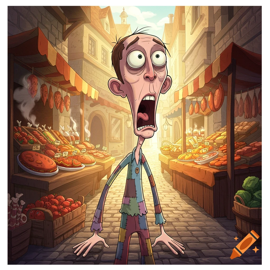 A skinny, wide-eyed cartoon man with a shocked expression in a vibrant, bustling market with stalls of food.