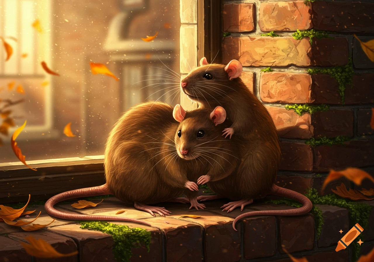 Two brown rats with entwined tails cuddle on a brick windowsill as autumn leaves fall outside a sunlit window.