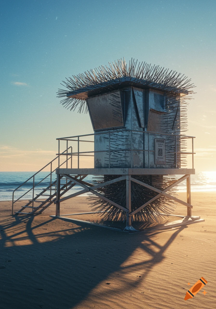 A metal lifeguard tower covered in sharp spikes stands on a sandy beach with the ocean behind it at sunset.