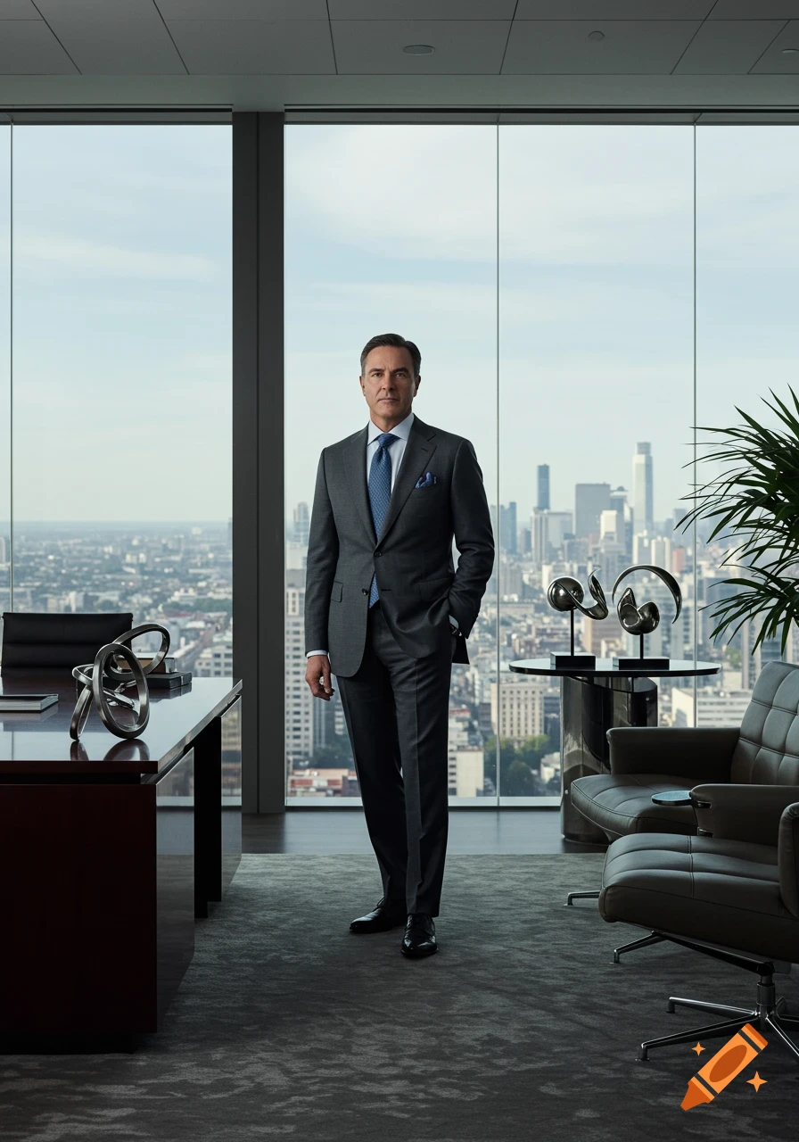 A man in a suit stands in an office with a large window overlooking a city skyline. Photorealistic.