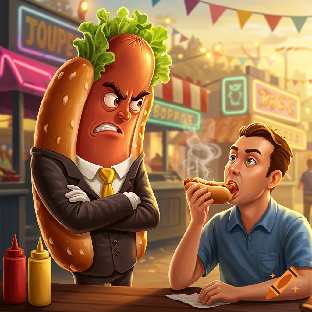 A cartoon hot dog in a suit looks angrily at a man eating a hot dog at a lively street market.