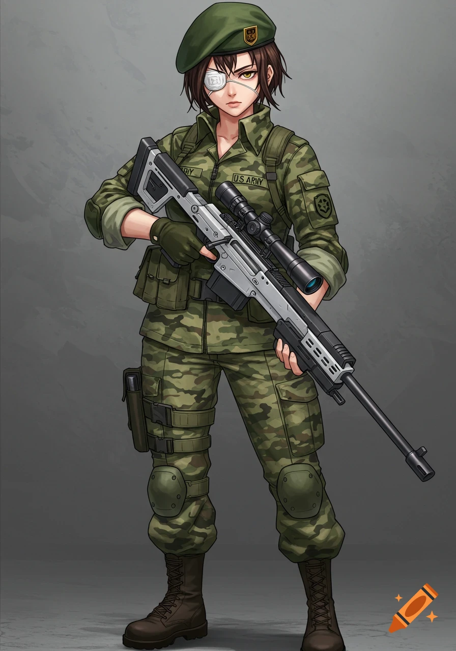 Anime-style woman in US military camo with an eyepatch, holding an advanced sniper rifle.