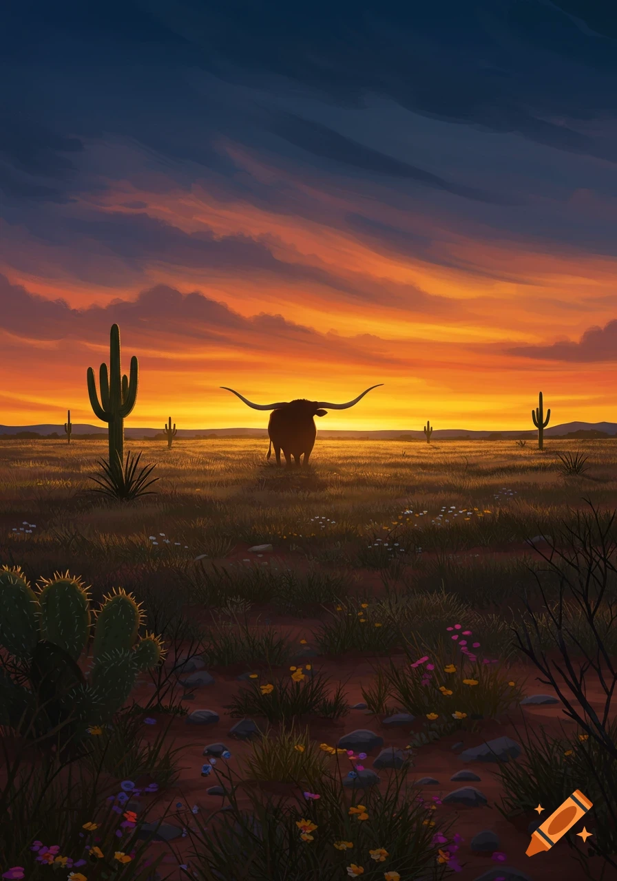 A longhorn bull stands in a vast desert landscape at sunset, with saguaro cacti and wildflowers under a vibrant orange and blue sky.