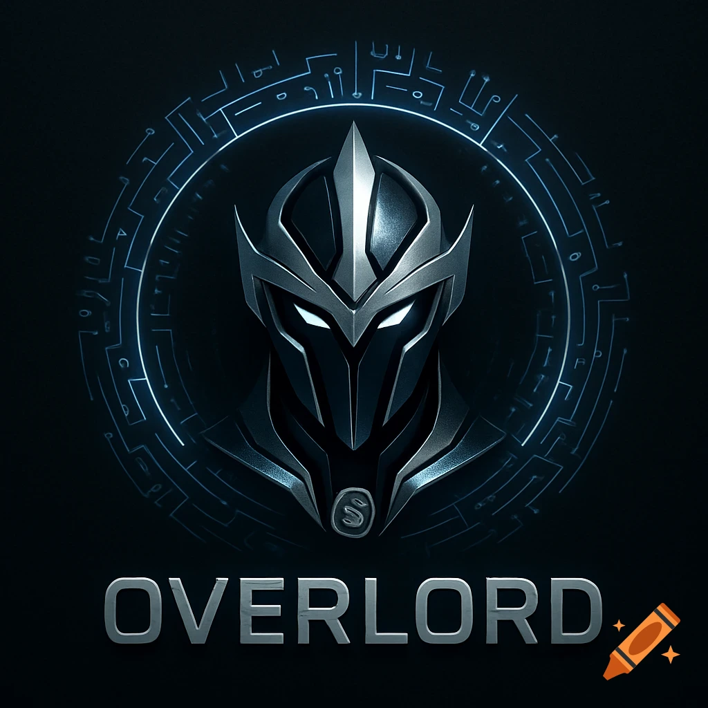 A futuristic, metallic black and silver helmet or mask with glowing white eyes, centered within a glowing blue circuit board ring on a dark background. The word OVERLORD is below it.