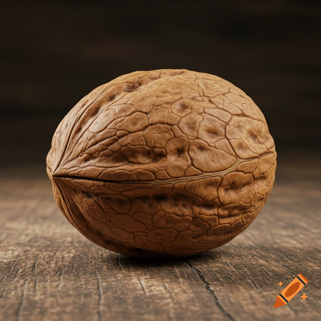 A single brown walnut rests on a textured wooden surface.