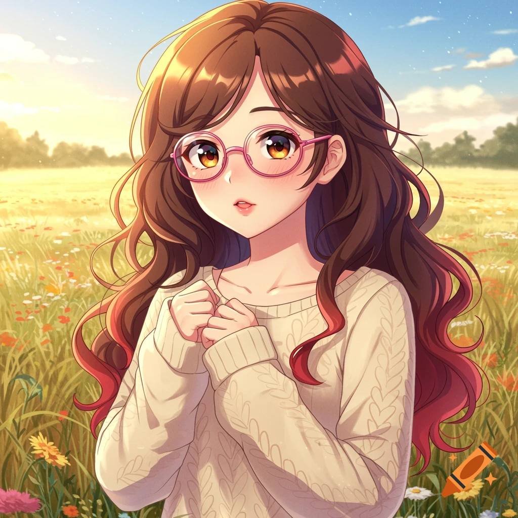Anime girl with long brown hair, red tips, pink glasses, and a cream sweater standing in a sunny flower field.