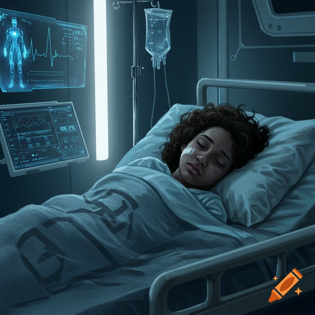 A young woman with curly hair lies in a futuristic hospital bed, connected to an IV drip. Glowing blue monitors display medical data and a holographic figure of Iron Man. She wears a bandage on her cheek and is covered by a patterned blanket.
